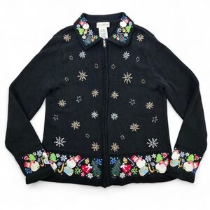 White Stag 90s Snowman Snowflake Embellished Black Christmas Cardigan Sweater M